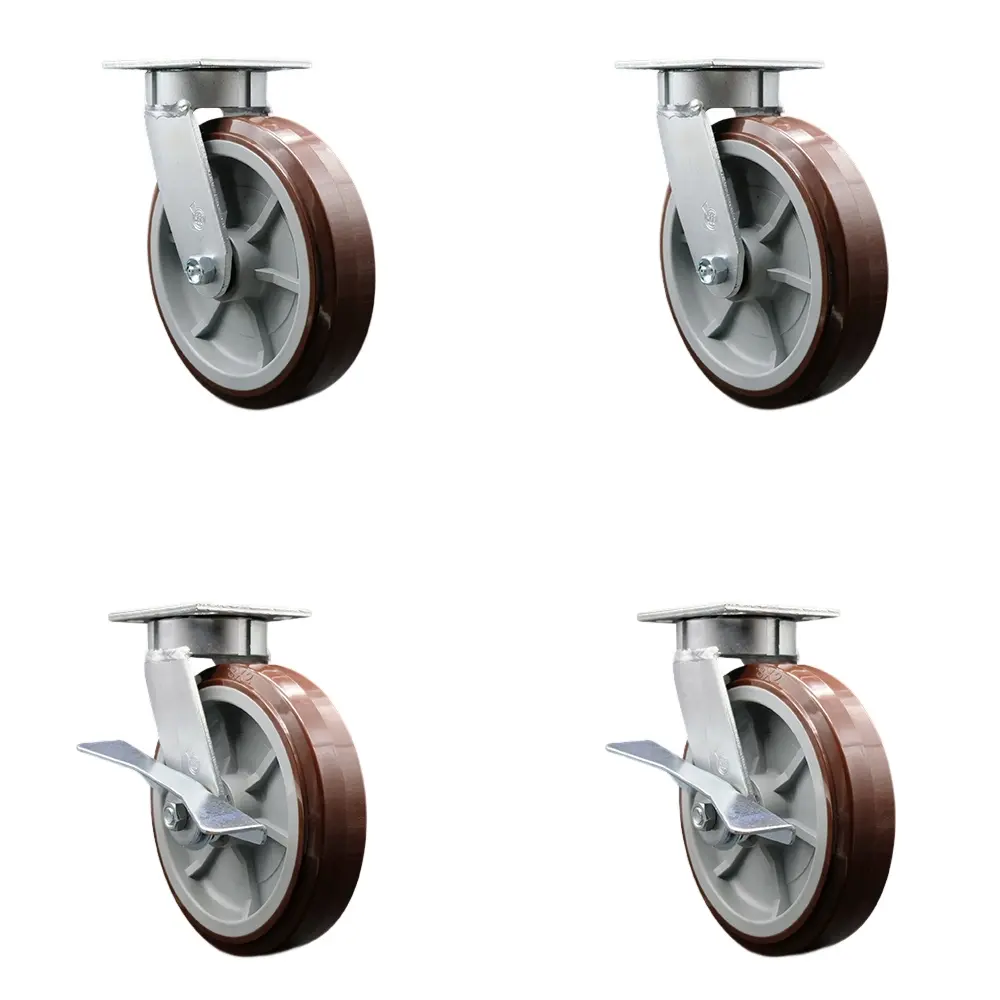 Service Caster SCC-KP30S820-PPUB-2-SLB-2 Heavy Duty Kingpinless Swivel Casters (Set of 4), 8 in. Diameter Polyurethane Wheels, 2 in. Wide, Ball Bearings, 2 Swivel with Brakes, 4 Position Notches, 4000 lbs Total Capacity, for Platforms, Dollies, Workshop