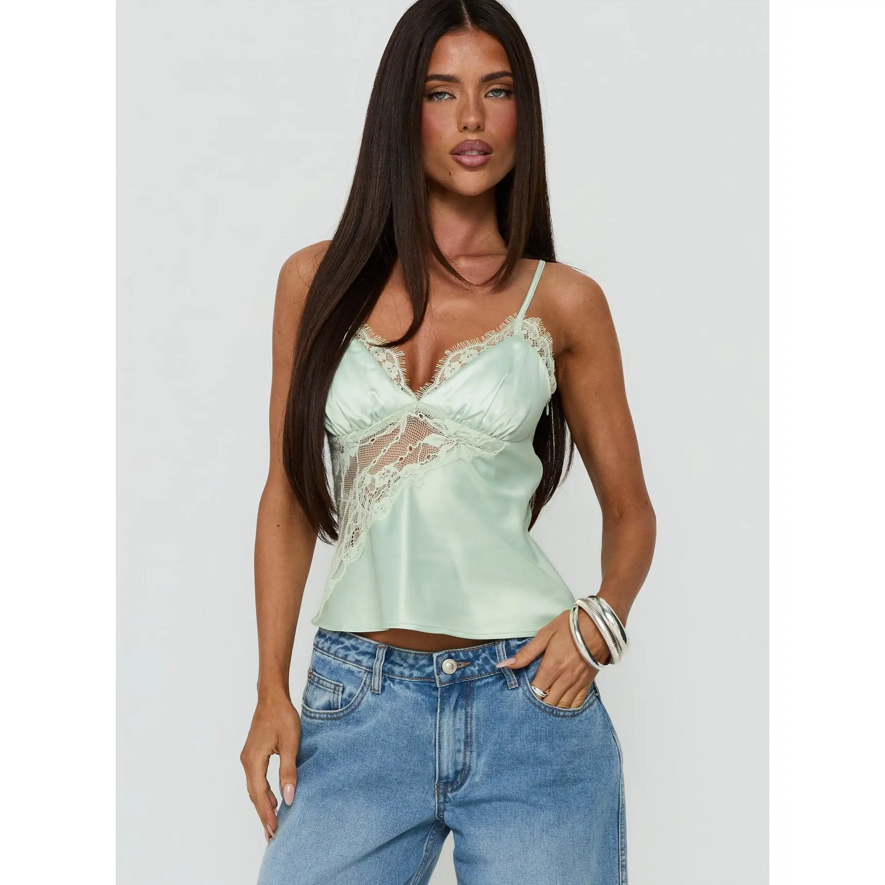 Annamari Lace Satin Cami Top Green