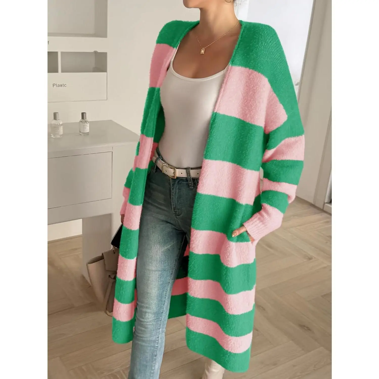 Womens Striped Long Cardigan Sweaters Open Front Oversized Chunky Fuzzy Knit Fall Duster Sweater Coats