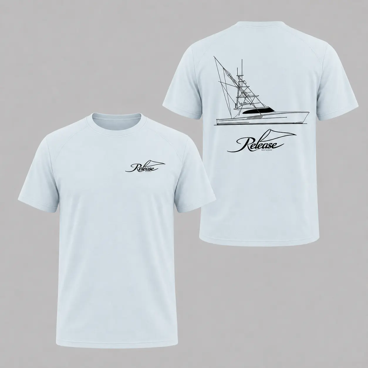 RELEASE BOATWORKS SHORT SLEEVE, Sportfishing Boat Graphic T-Shirt, Light Blue Offshore Fishing Tee, Nautical Boating Shirt, Shirt For Men