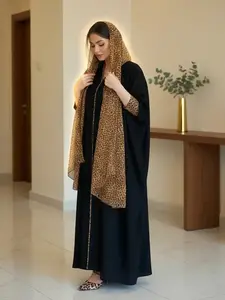 Fashion Muslim Women Leopard Patchwork Loose Long Robe Long Sleeve H-Type Casual Dress with Headscarf Abaya Hijab Set Abayas For Eid