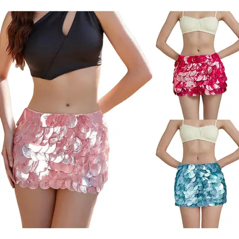 Women's Low-Rise Sequined Mini Bodycon Skirt - Street Fashion, Shape-Defining, Light Check Polyester, Spring Summer Casual & Party Womenswear Bottom