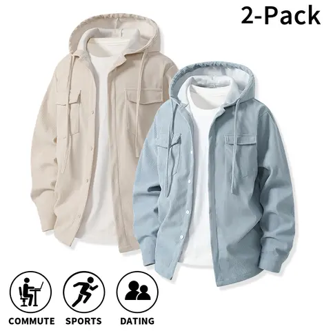 Men's Casual Hooded Corduroy Shirt Outer Top, Classic Button Up Style, Roomy Relaxed Cut, Stylish Layer Piece for Adult Men, Suitable for Daily Work Commute, Meetups and Casual Outdoor Trips
