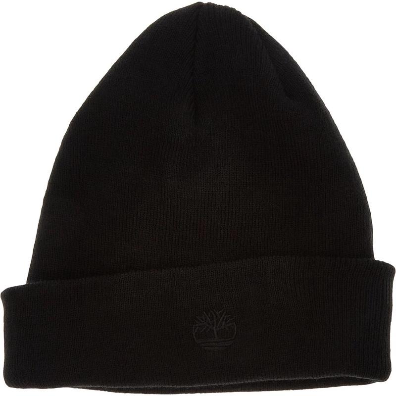 Timberland Men’s Embroidered Logo Cuffed Knit Beanie, Black, Classic Design, Comfortable Fit, Ideal for Casual Wear
