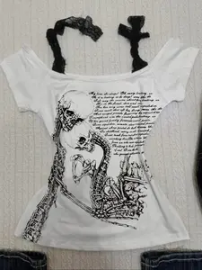 American retro printed T-shirt with vintage style design, featuring a cinched waist and slimming effect for women's tops