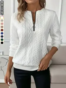 Women's Plain Textured Half Zip Up Sweatshirt, Casual Long Sleeve Round Neck Pullover for Fall & Winter, Ladies Clothes for Daily Wear