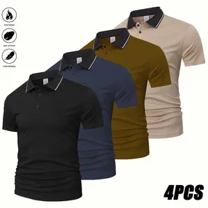 Men'S Summer Casual Short Sleeve Lapel Collar Shirt 4Pcs, 100% Polyester Knit Fabric, Regular Fit with Slight Stretch, Solid Color Lapel Collar, Button , Quick-drying, moisture wicking, Suitable for Daily Work and Casual Wear, Ideal as a Gift