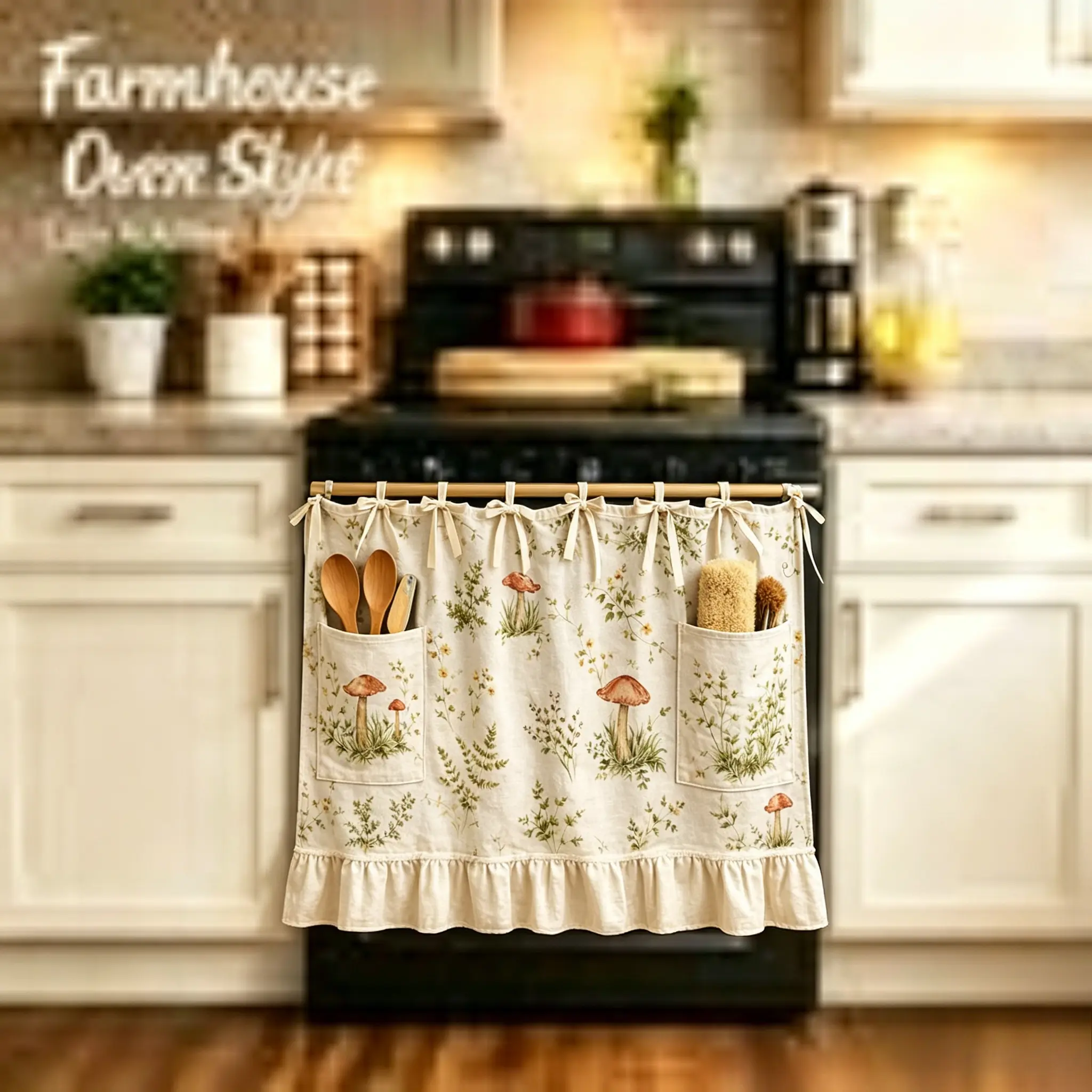 Handmade Farmhouse Floral Oven Skirt with Pockets, Spring Botanical Print Kitchen Curtain for Stove Dishwasher Microwave Storage, Cottage Core Tier Door Curtain Decor, Household Dustproof Design Cover