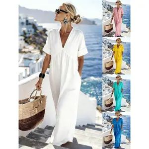 2026's Most Popular Women's Casual Resort-Style V-Neck Short-Sleeve Solid-Color Dress, Women's Minimalist Street Style Outfit # Women'sClothing # Dress # Women'sDress # Everyday # Outfit