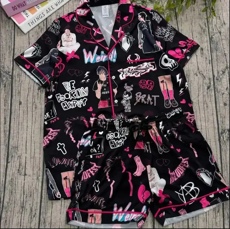 Graphic Pop Rock Pajama Set – Short Sleeve Sleepwear for Music Lovers, Comfortable Loungewear