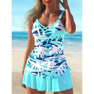 [Blue Tankini Set] Women's Blue Printed Tankini Skirt Swimsuit Set - Coconut Tree