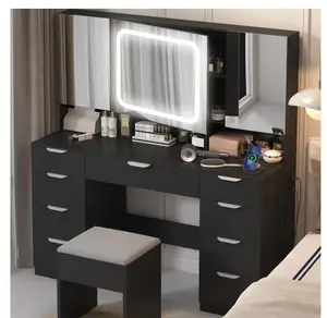Large 47.24" Makeup Vanity Table Set with Hidden Storage, 9-Drawer Dressing Table, Bedroom Makeup Table, Black