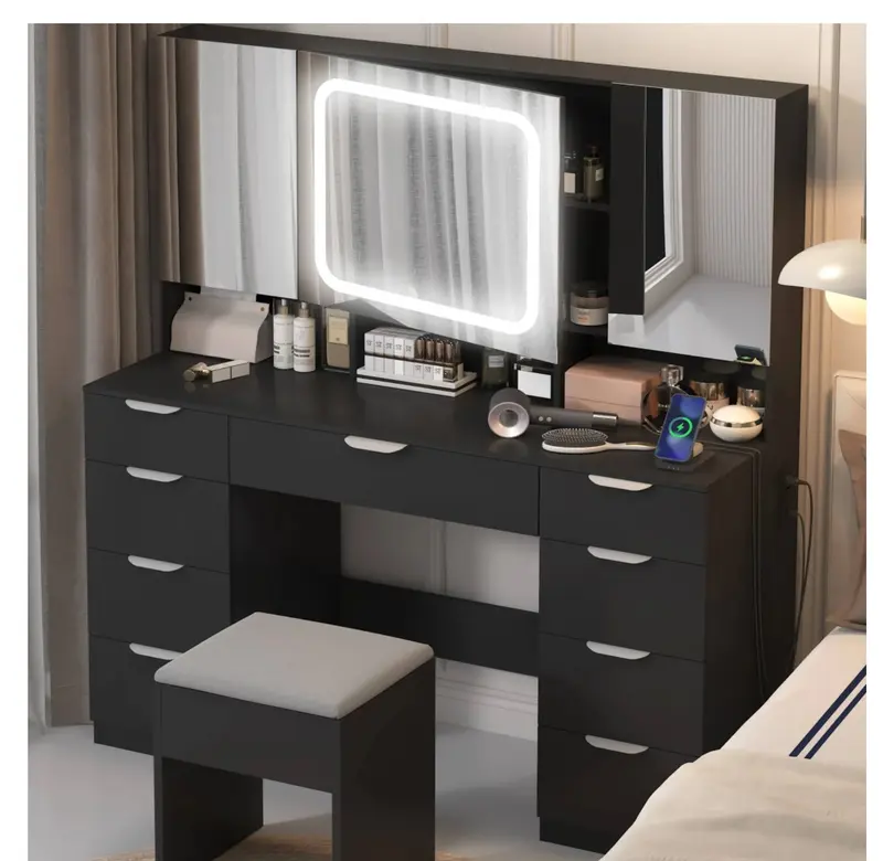 ruffle hem dress black TOKSOM Black Vanity Desk with Mirror, Lights & Charging Station, 58.3