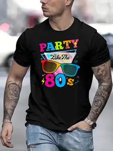 Men's 80s Retro T-Shirt with 80's Party Print & Glasses Design - Size Long Length Casual Round Neck Short Sleeve Tee for 80s Theme Parties, Summer Camping, Vacation Wear - Nostalgic 80's Outfit for Men, PLUS SIZE