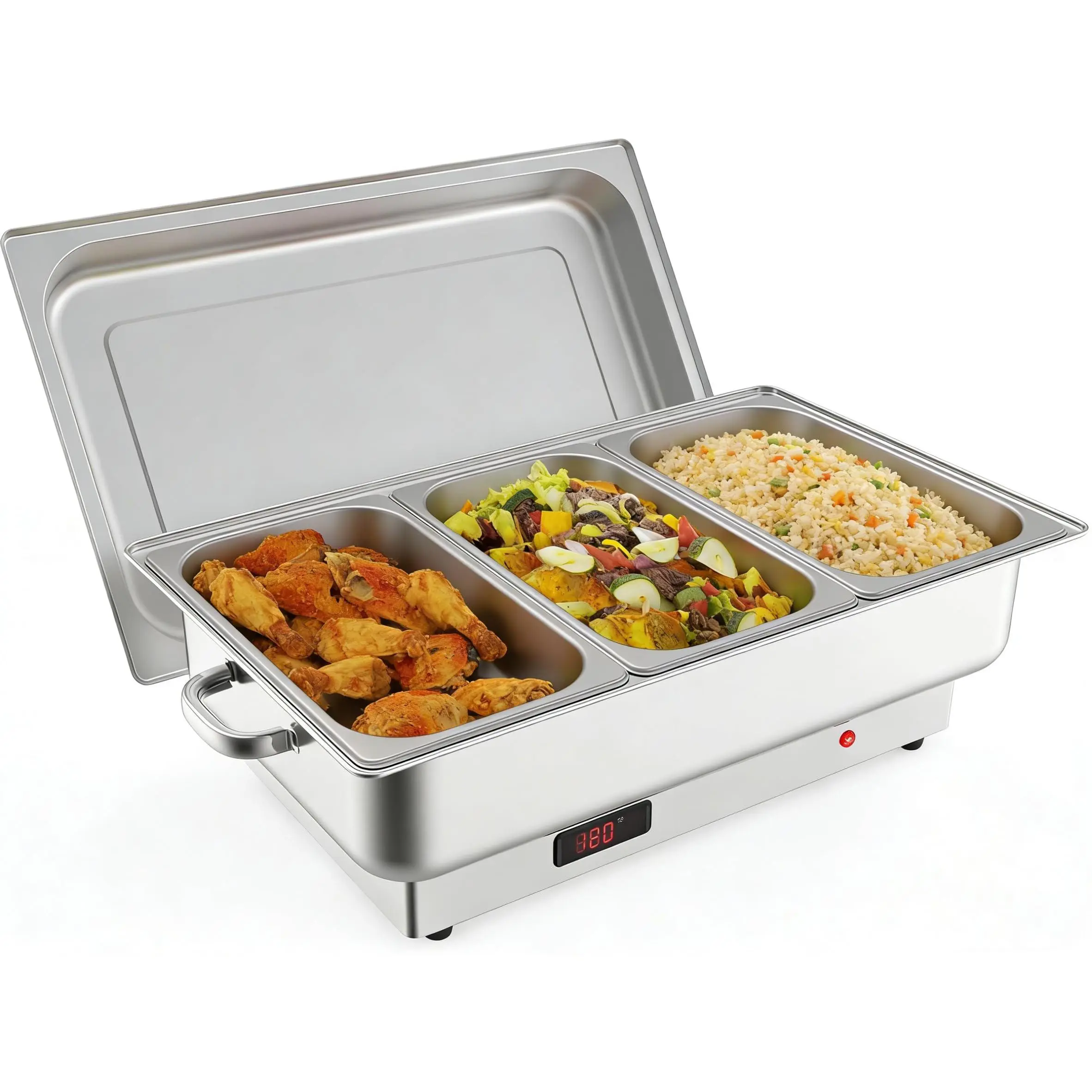 Stainless Steel Electric Chafing Dish Buffet Server & Food Warmer Set - 1 Corded Unit, 3x3qt Pans (9 Qt Total), Adjustable Temp, LED Digital Control, Roll Top Transparent Lid, Energy Efficient for Restaurants, Kitchen