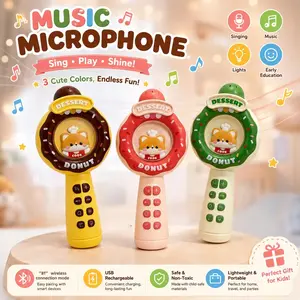 Cute Donut Bluetooth Karaoke Microphone for Kids - Pop Star Toy Mic with LED Lights, Recording Function, Portable Rechargeable Design, Ideal Gift for Toddlers, Family Party Use