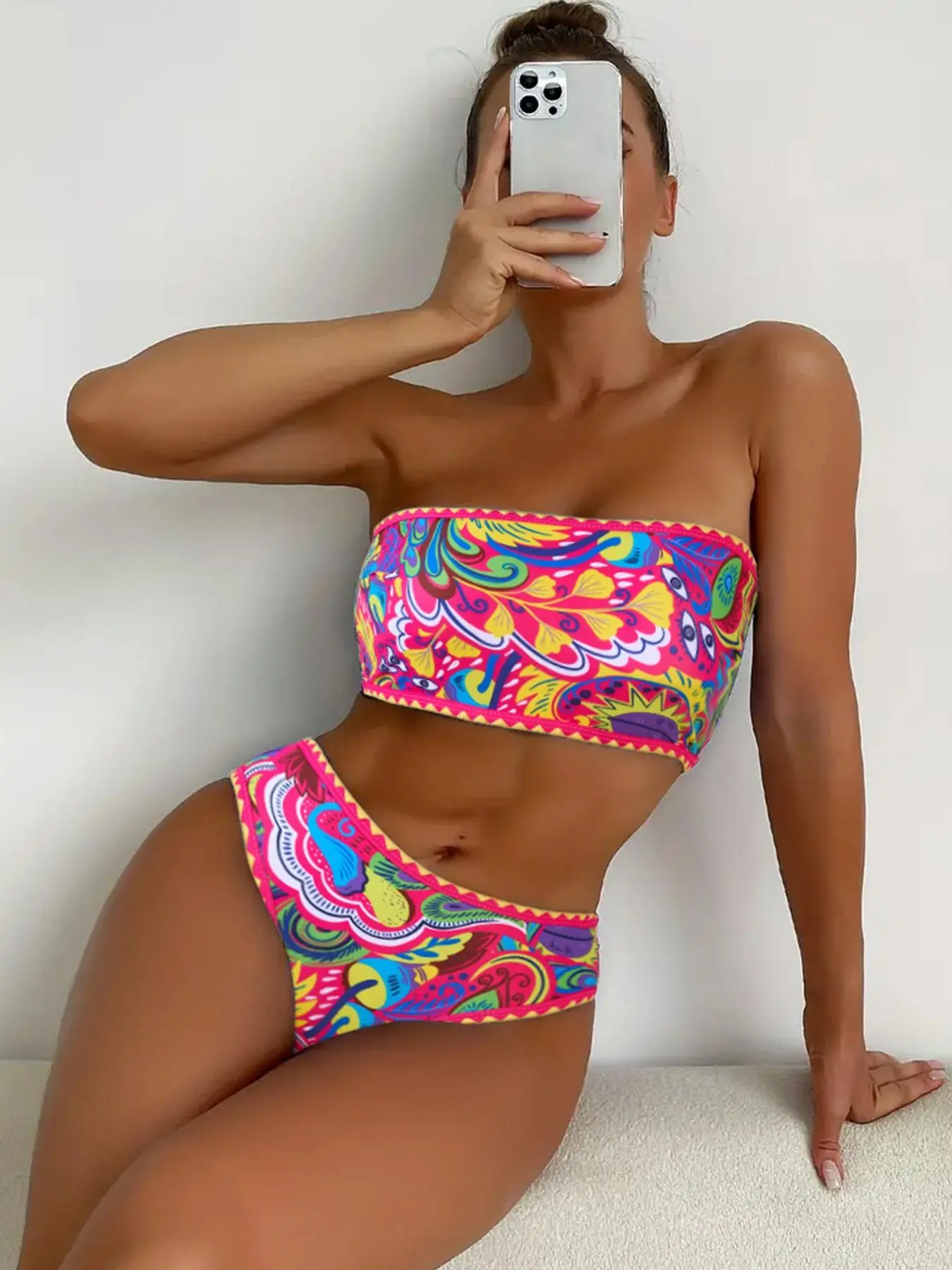 Two-piece Set Women's Plants Print Contrast Binding Bandeau Bikini Set, Casual Strapless Swim Top & Swim Bottom Two-piece Swimsuit for Beach Holiday Vacation, Ladies Swimwear Tropical Print Bikinis for All Seasons, Bandeau Bathing Suits, Bandeau Swimsuits