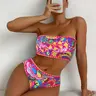 Two-piece Set Women's Plants Print Contrast Binding Bandeau Bikini Set, Strapless Swim Top & Swim Bottom Two-piece Swimsuit for Beach Holiday Vacation, Ladies Swimwear Tropical Print Bikinis for All Seasons, Swimsuit Sets