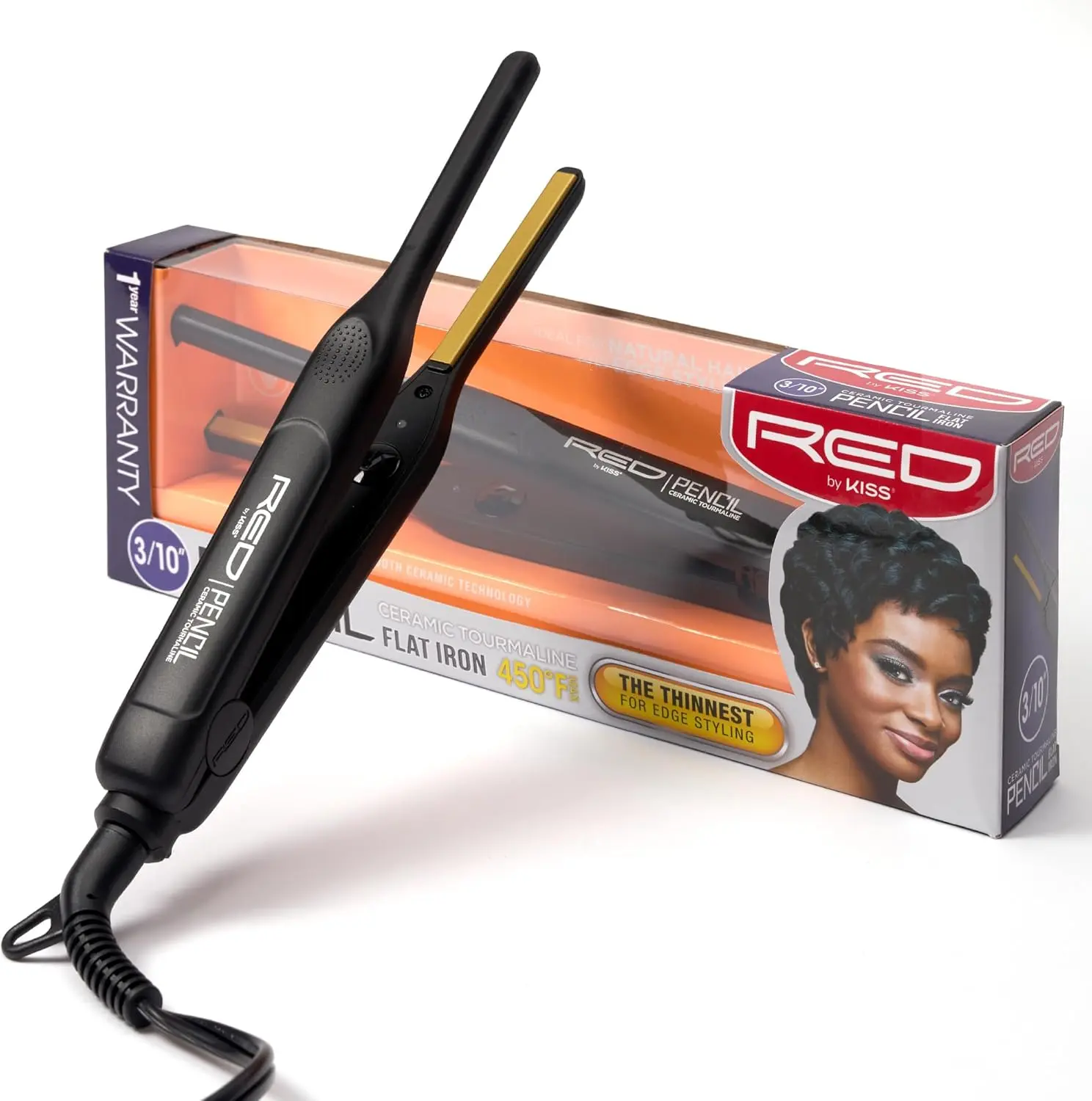 Red by Kiss 0.3 Inch Pencil Flat Iron, 3/10" Ceramic Tourmaline Hair Straightener for Thin, Short Hair & Edge Styling, Fast 60s Heat Up to 450°F, Frizz Control Root Styling Wand, Tangle-Free, Black