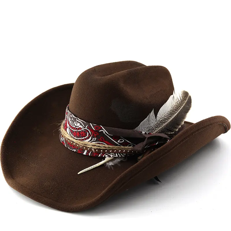 Vintage Burn Distressed Western Cowboy Hat, Unisex Wool Felt Curved Brim Hat with Large Feather, Outdoor Fashion Hat