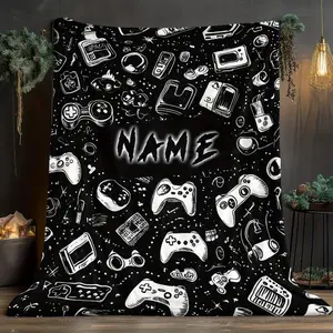 1pc Custom Name Gaming Blanket Black & White Gamepad Design Lightweight Flannel Throw, Soft Warm for Sofa, Bed, Travel, Camping