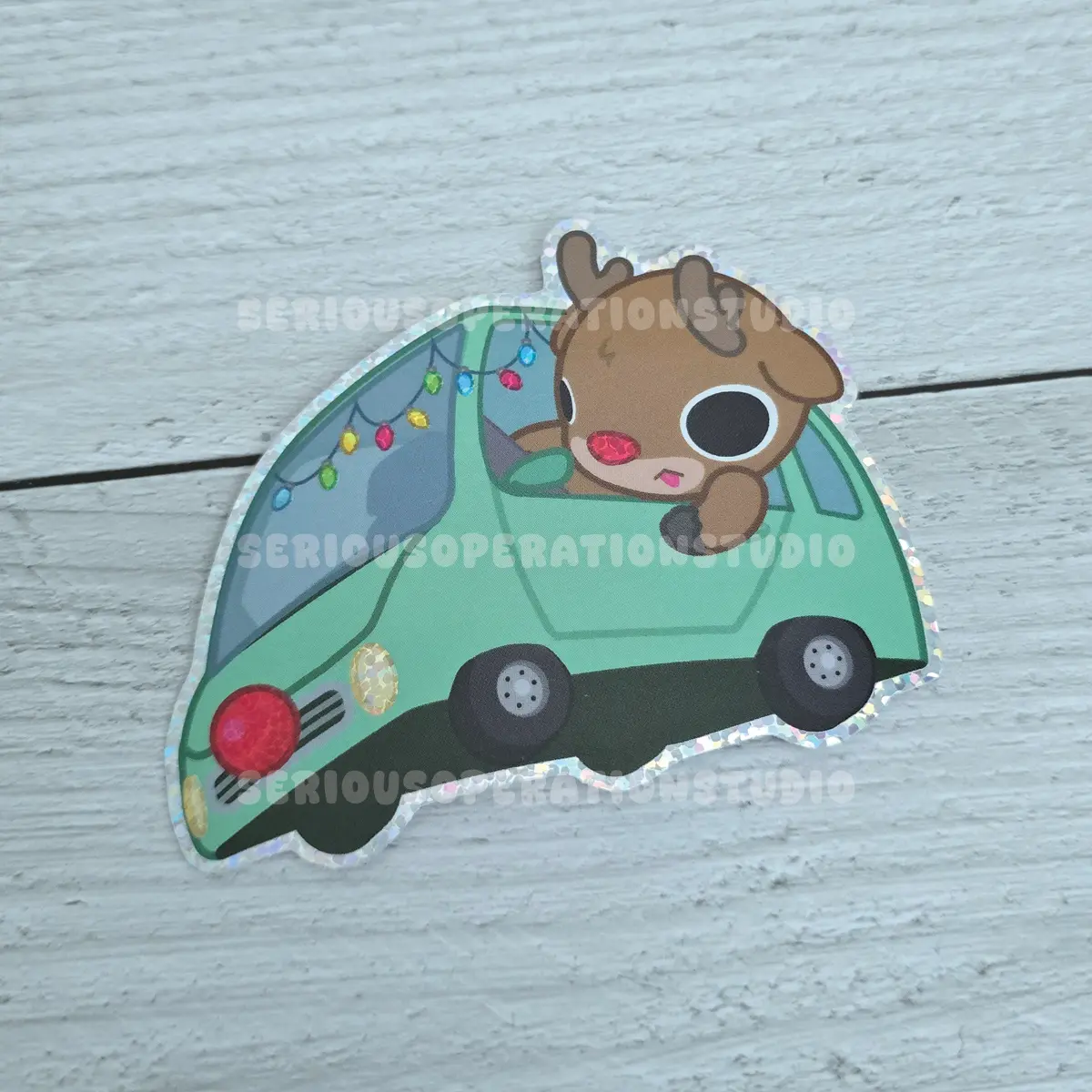 Reindeer Joy Ride Glitter Holo Waterproof Vinyl Sticker
