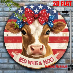 Patriotic Red and White Cow Metal Wall Art Sign, Round Metal Decorative Plaque with American Flag Design, 12 Inches, Rustic Style Home Office Porch Decor, Independence Day Gift, Cowboy Style Decoration