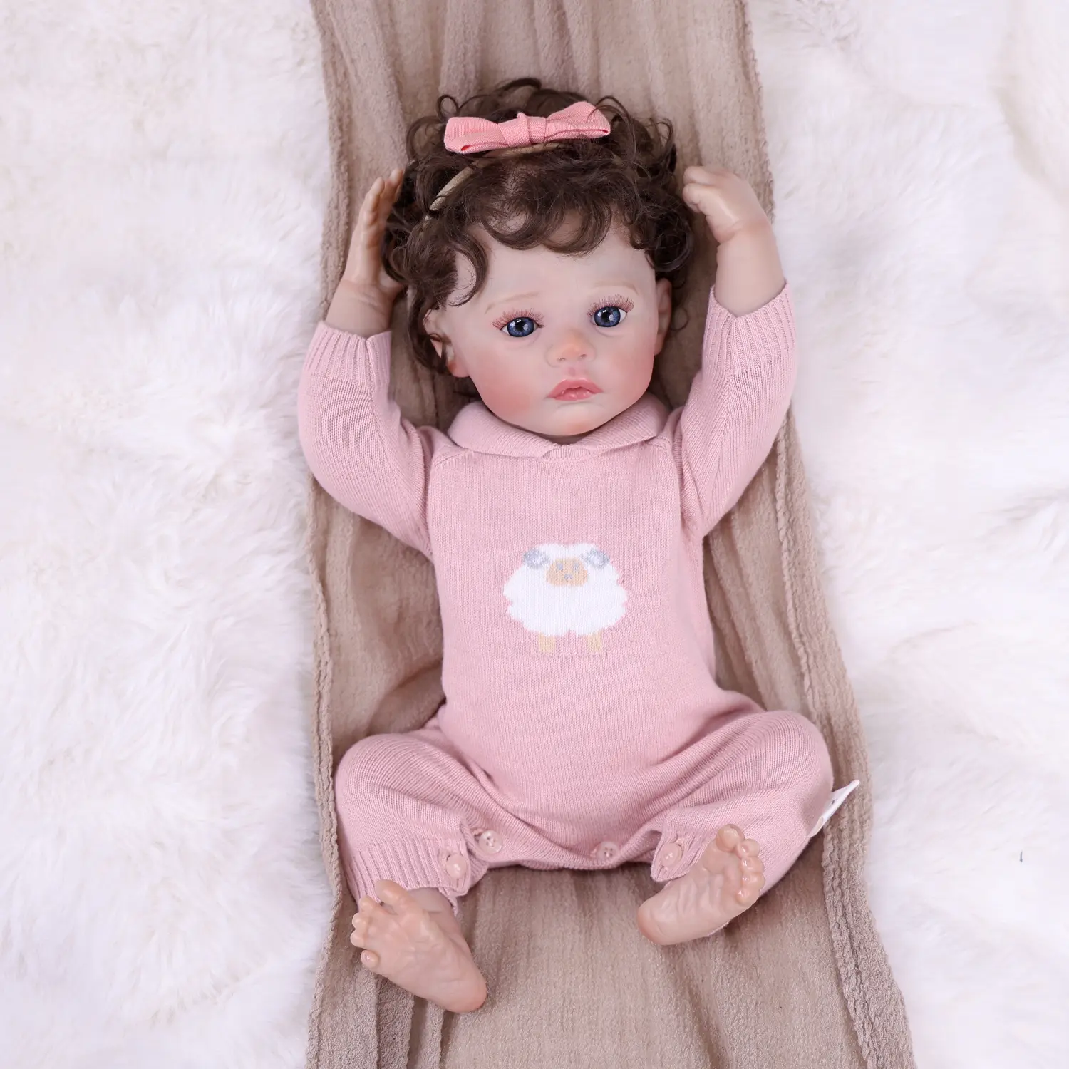 KRIUMI Reborn Baby Dolls 18-inch Brown Implant Short Curly Hair Blue Eyes + Little Sheep Wool Jumpsuit Soft Vinyl Lifelike Doll, for Age 3+ Children's Day Gifts