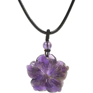 Hand Carved Healing Crystal Flower Pendant Necklace | Gemstone Wax Rope Chain 22 Inch