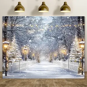 1pc Winter Wonderland Christmas Backdrop, Polyester Snowy Forest Scene, Multipurpose Holiday Wall Decor, No Electricity Needed, General Fit for Outdoor & Party Decoration Banners Ornaments