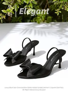 New Spring Summer Women's Black Satin Oversized Bow Heeled Sandals | Open Toe Elastic Ankle Strap Stiletto Mules | Coquette Fairy Elegant High Heels (For Beach Vacation, Date Night, Brunch, Wedding Guest, Evening Party & Daily Summer Wear)