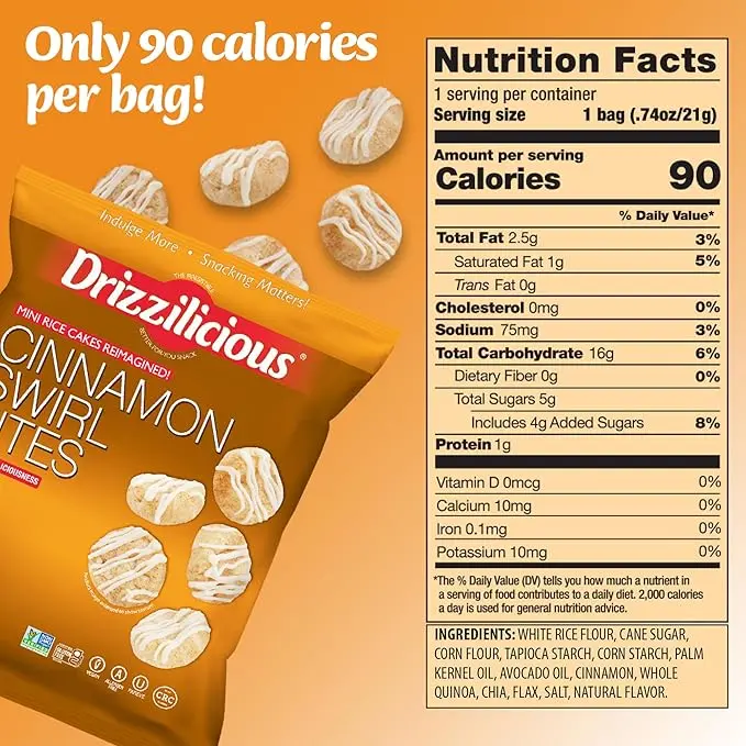 32 Pack - Drizzilicious - Variety Pack Mini Rice Cakes [S'mores, Cinnamon Swirl, Birthday Cake] Only 90 Calories Per Bag - .74 oz