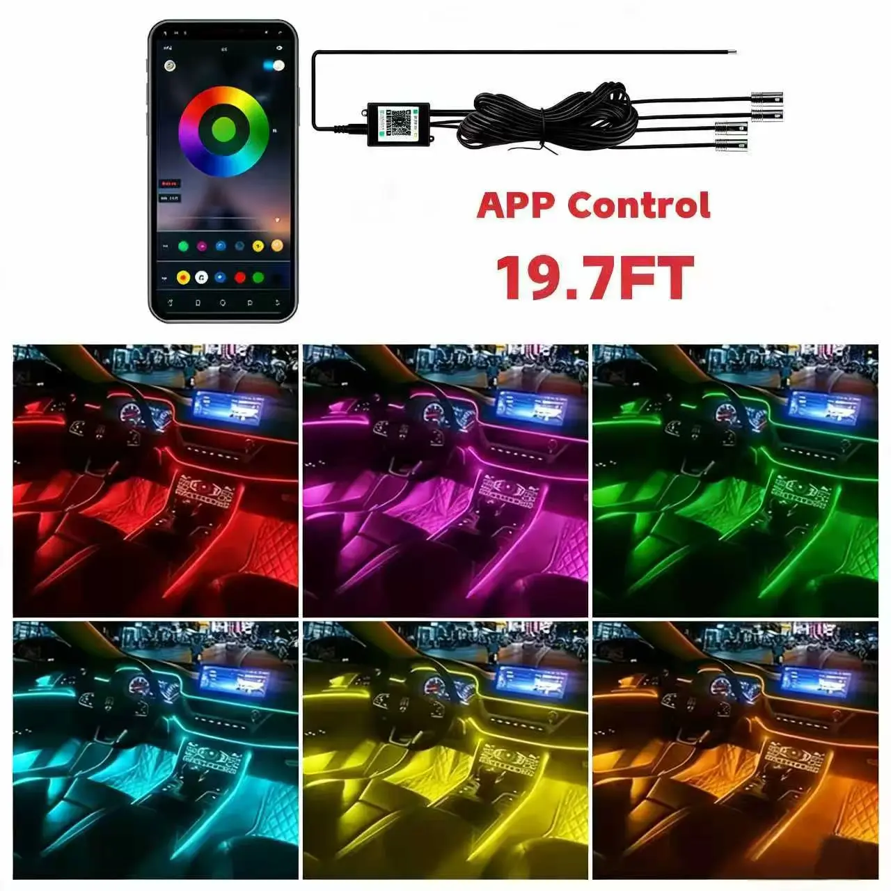 19.7FT Split Fiber Optic Car Ambient Lighting, APP Control, Easy Installation, RGB Multi-Color, Music Sync, for Car Door, Dashboard, Footwell Interior Decoration, Ambient Lighting Car