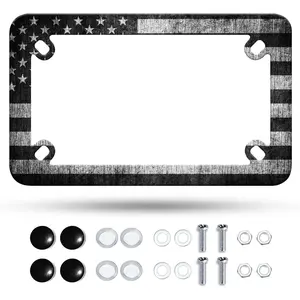 Motorcycle Vintage Black White American Flag License Plate Frame Patriotic Stainless Steel Material Funny Motorbike License Plate Holder Rust Proof Weather Proof Motorcycle Accessories 7" X 4" Inch