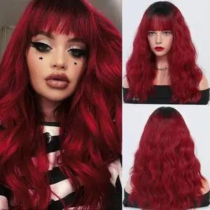 Ombre Red Curly Wig Long Wavy Hair for Women Synthetic Fiber Cosplay Party Halloween Wig Lightweight Easy to Manage