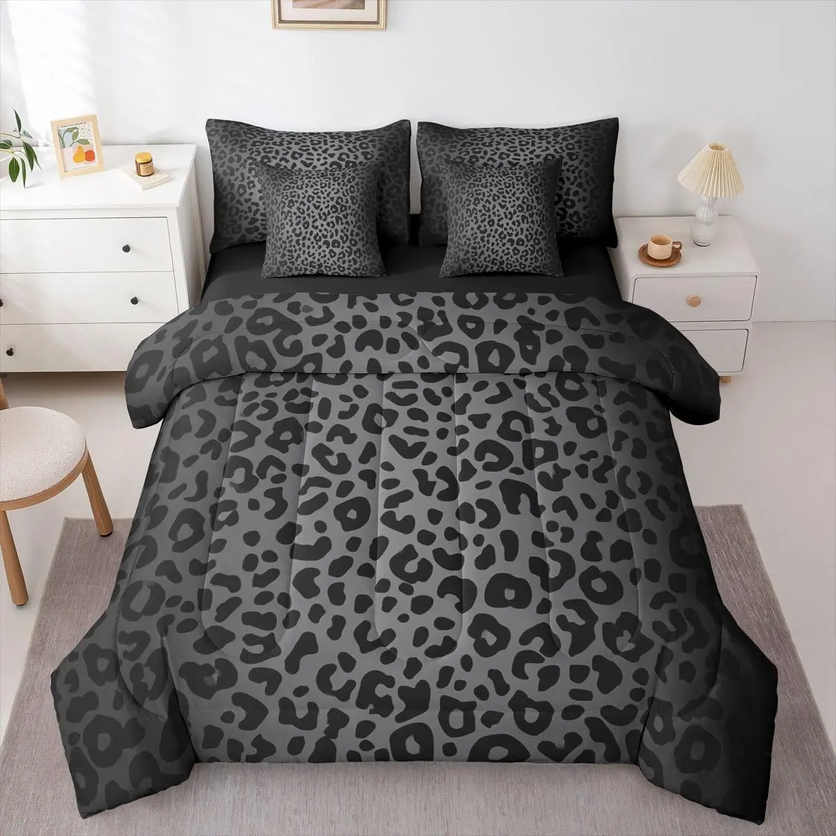 Black Leopard Bedding Set 7 Pieces Bed in a Bag,Cheetah Bedding Set with Sheets,Animal Print Bed Sets with Comforter,Fitted Sheets,Flat Sheets and Pillowcases