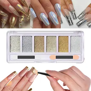 6 Colors Gold Silver Chrome Nail Powder, Holographic Unicorn Iridescent Metallic Mirror Effect Pigment Glitter Palette, Light Gold Champagne Nail Art Powder with Eyeshadow Sticks