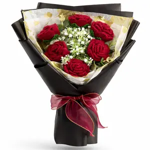 Graduation Gift Handmade Crochet Rose Bouquet with Eternal Red Roses with Greeting Card, Birthday Anniversary Gift for Her Girlfriend Wife Friend, Unique Romantic Forever Flowers