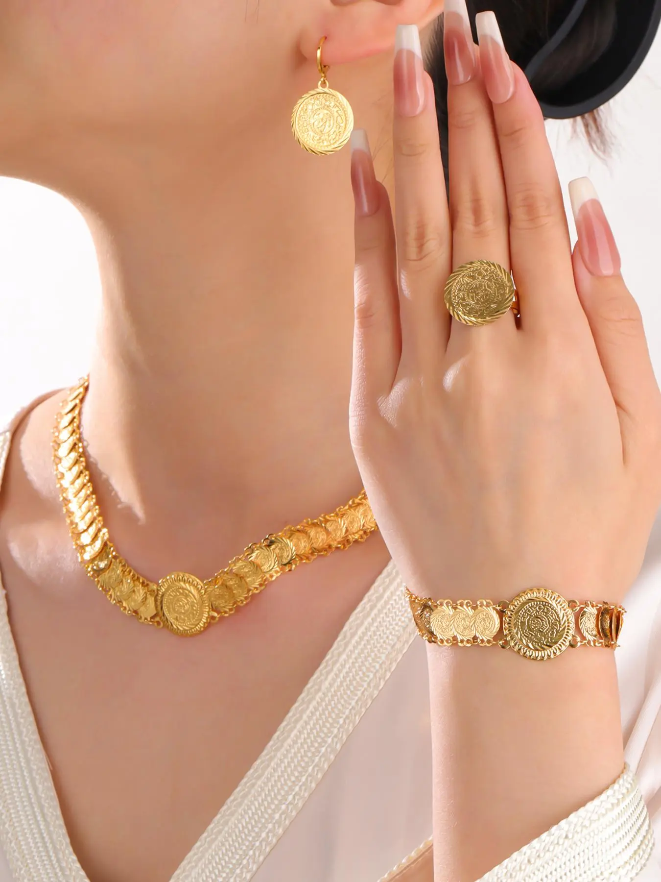 Vintage Coin Design Fashionable Jewelry Set, Including Necklace & Earrings & Bracelet & Ring, Fashion Accessories for Party, Daily Clothing Decor for Girl, Necklaces Earrings Set, Jewellery Gift Set, Accessory Set