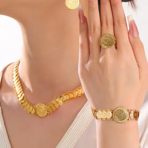 Vintage Coin Design Fashionable Jewelry Set, Including Necklace & Earrings & Bracelet & Ring, Fashion Accessories for Party, Daily Clothing Decor for Girl, Necklaces Earrings Set, Jewellery Gift Set, Accessory Set