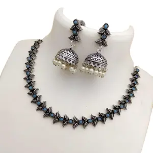 Oxidized Short Necklace and Jhumka Set, Featuring Unique Design Elements. (NO REFUND OR EXCHANGE)