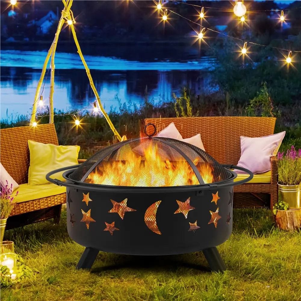 Costoffs Backyard Wood-Burning Fire Pit Set, Round Iron Bowl Heater with Stars & Moons Pattern, Mesh Cover & Poker for Outdoor Patio