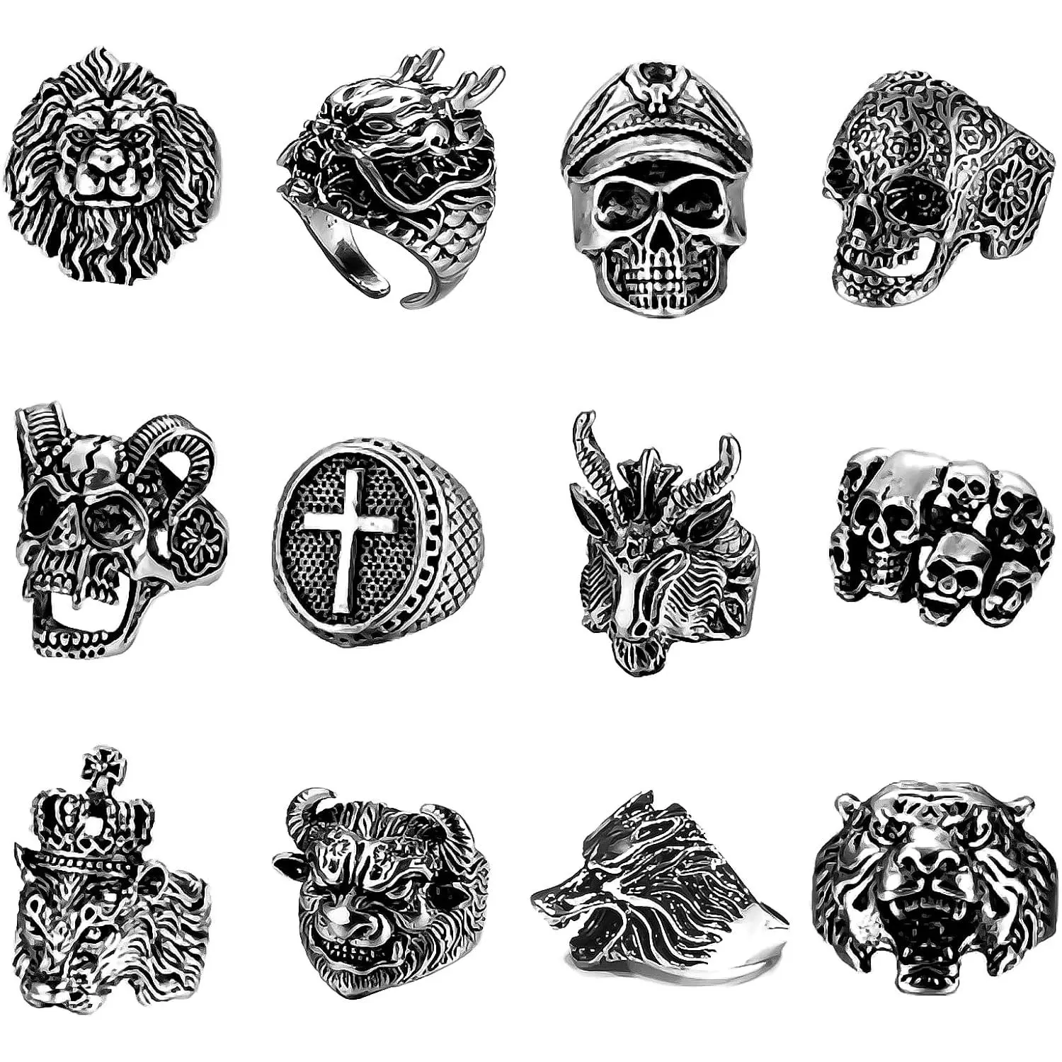 12 count  Punk Rings Set, Stainless Steel Gothic Biker Adjustable Rings Skeleton Skull Tiger Ring Drgon Lion  Ring