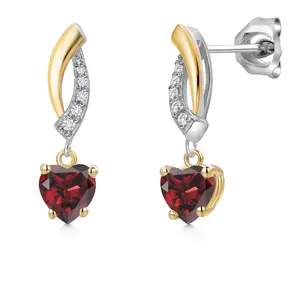 2-Tone Dangle Earrings for Women | 925 Silver and 10K Yellow Gold | 5MM Heart Shape Gemstone Birthstone with Lab Grown Diamond Accents | Jewelry Gifts