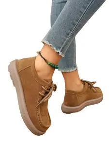 Women's Lace-Up Flat Shoes, Low-Cut Round Toe Mid Heel, PU Leather Upper, Rubber Sole, Spring & Fall Fashion, Two Color Options