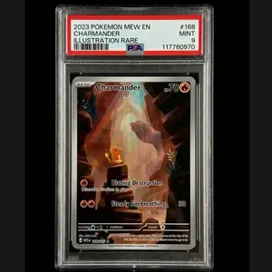 Authentic 2023 Pokemon Mew EN Charmander 168 Artistic Illustration Rare Holo Graded Trading Card, PSA 9