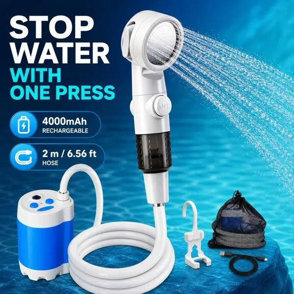 Portable Shower Pump System, 4000mAh USB-C Kit with 2m Hose for Camping, Garden Rinsing and Pet Bathing