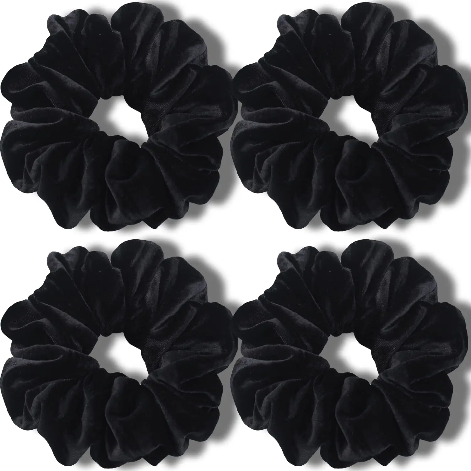 Women's Black Velvet Scrunchies (4-Pack) - 6-Inch Jumbo 6 inch hair Ties for Thick Hair, Soft Hold Fabric Accessories for Daily Wear (Durable for 2+ times Use), Female, Casual, Elegant, Gentle Hold, Pack Of 4, 6 Inches