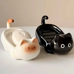 Handmade Cat Soap Dish Holder – Cute Ceramic Kitty Tray for Bathroom Sink | Black & White Cat Decor Gift for Cat Lovers