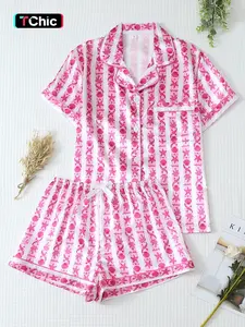 Women's 2-Piece Sleepwear Set, Striped Starfish Shell Print, Sweet Lapel Short Sleeve Top with Pocket, Bow Shorts, Casual Homeewear, Pajama Set